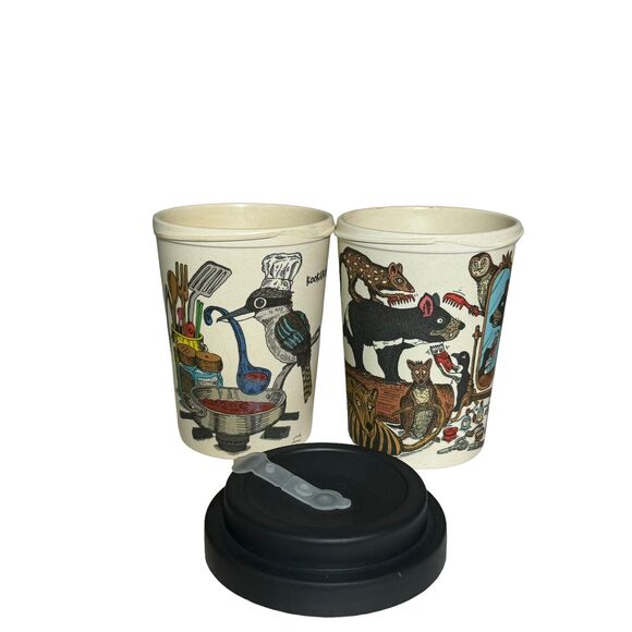 Squidinki Other - Squidinki Eco-Bamboo Fibre Keep Cups Tasmanian Devil Kookaburra 2 Cups 1 Lid